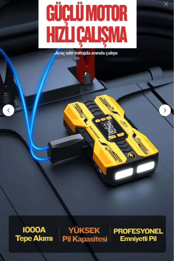 18.000 mAh 4'ü 1 Arada Akü Takviye Cihazı – 12V Jump Starter  Hava Kompresörü + LED El Feneri + Powerbank  Tüm Araçlara Uyumlu Çok Fonksiyonlu